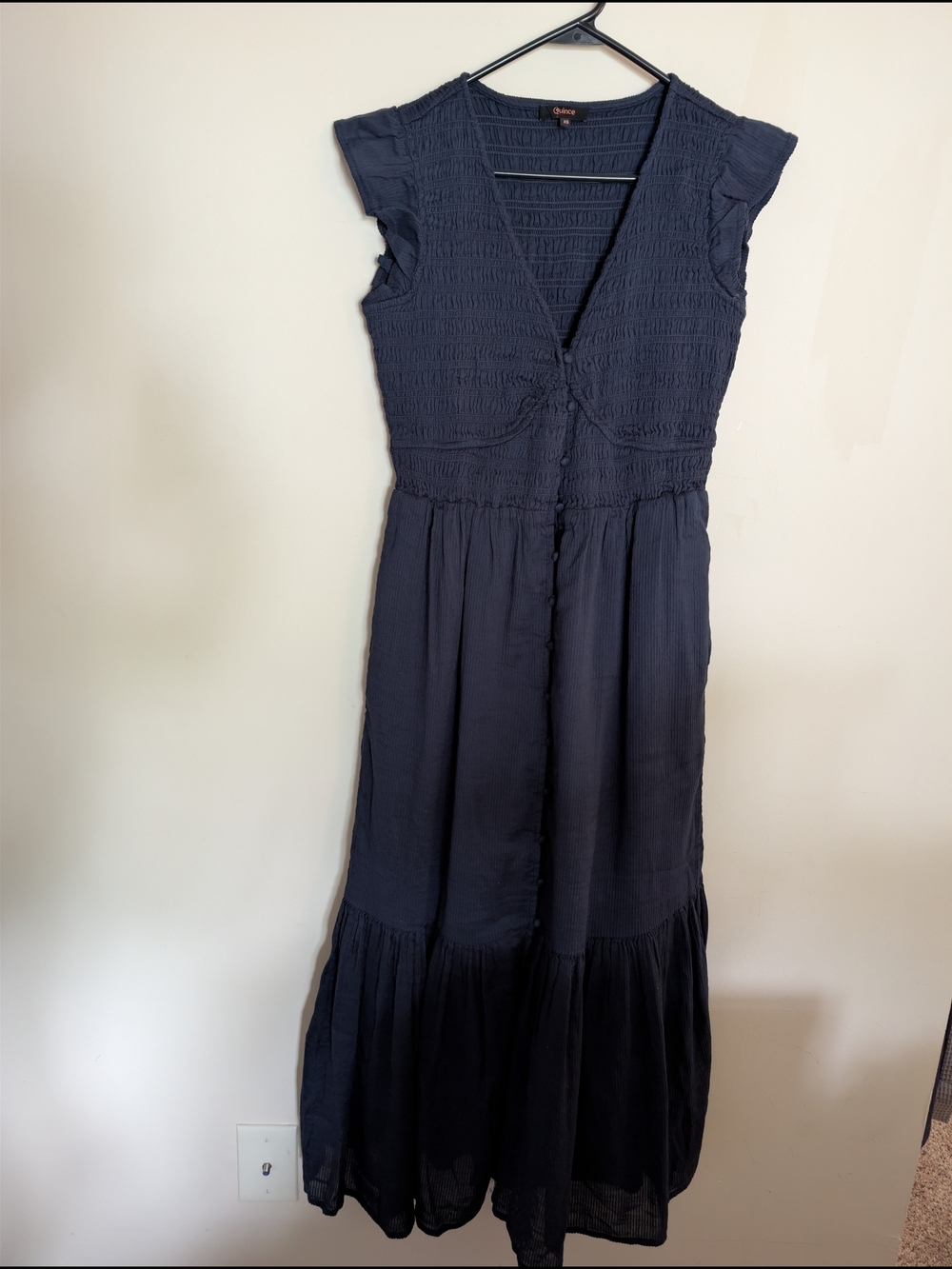 Navy Smocked V-Neck Maxi Dress - Unbranded